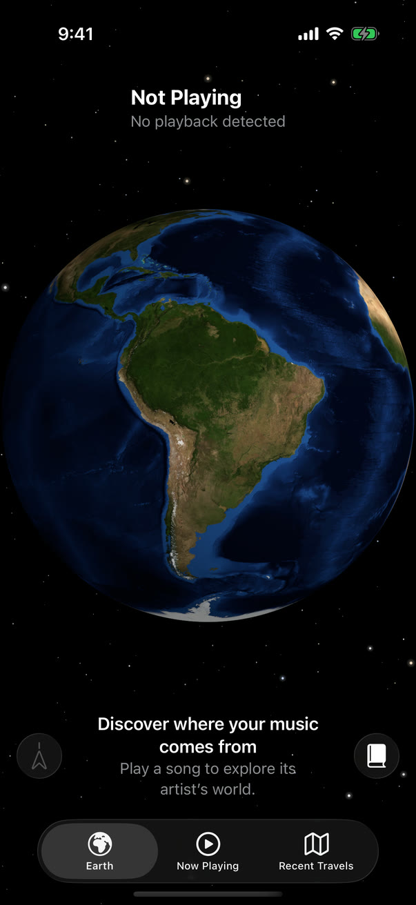 The Music Maps Earth screen: a 3D globe turned toward South America and Africa against a starry sky, with the message “Discover where your music comes from.”