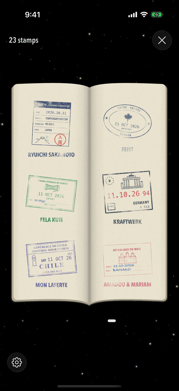 An open Passport with six country stamps, for Japan, Canada, Nigeria, Germany, Chile and Mali, each labelled with the artist who earned it.