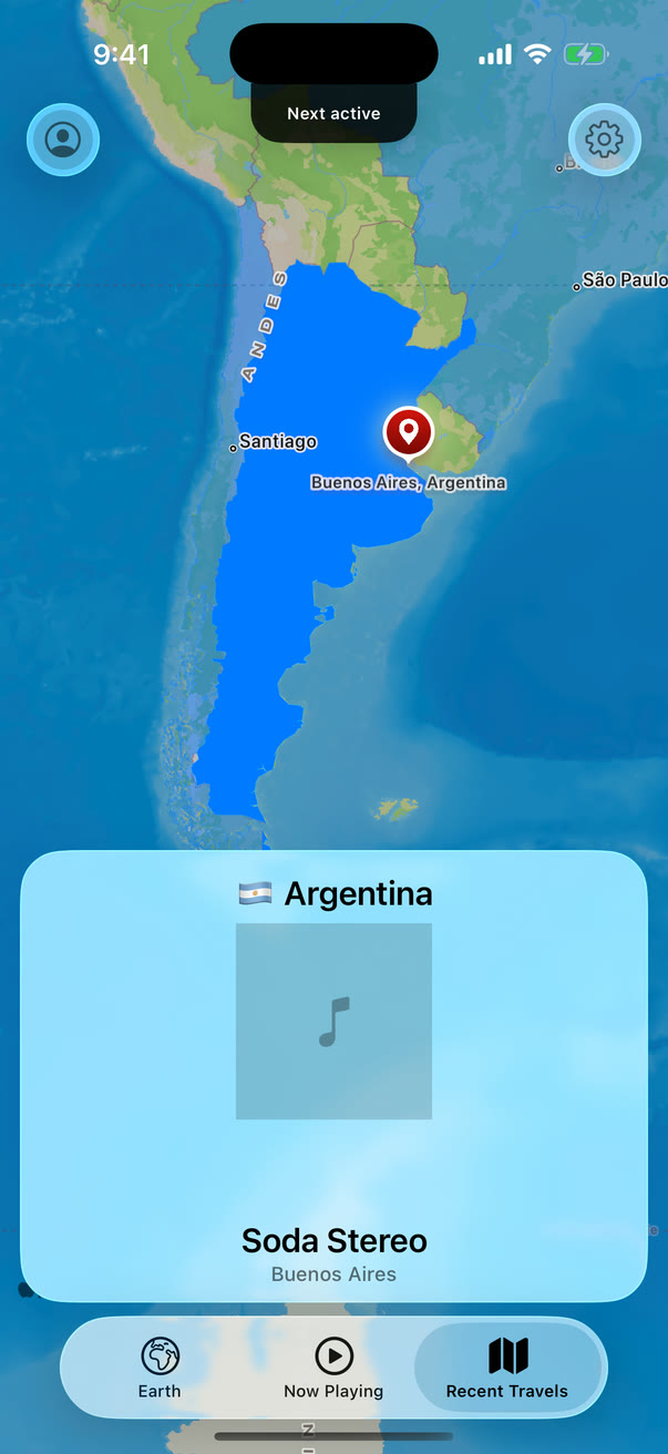 Recent Travels with Argentina highlighted on the map and a card for the band Soda Stereo, from Buenos Aires.