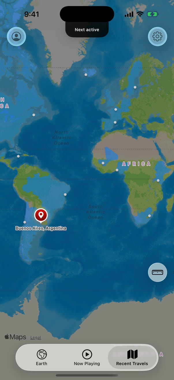 Recent Travels showing a map of the Atlantic, with dots for the hometowns of recently played artists across the Americas, Europe and Africa, and a red pin on Buenos Aires, Argentina.